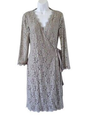 Diane Von Furstenburg Grey Lace Wrap Dress  Size 10 New With Tags Luxruy Wedding